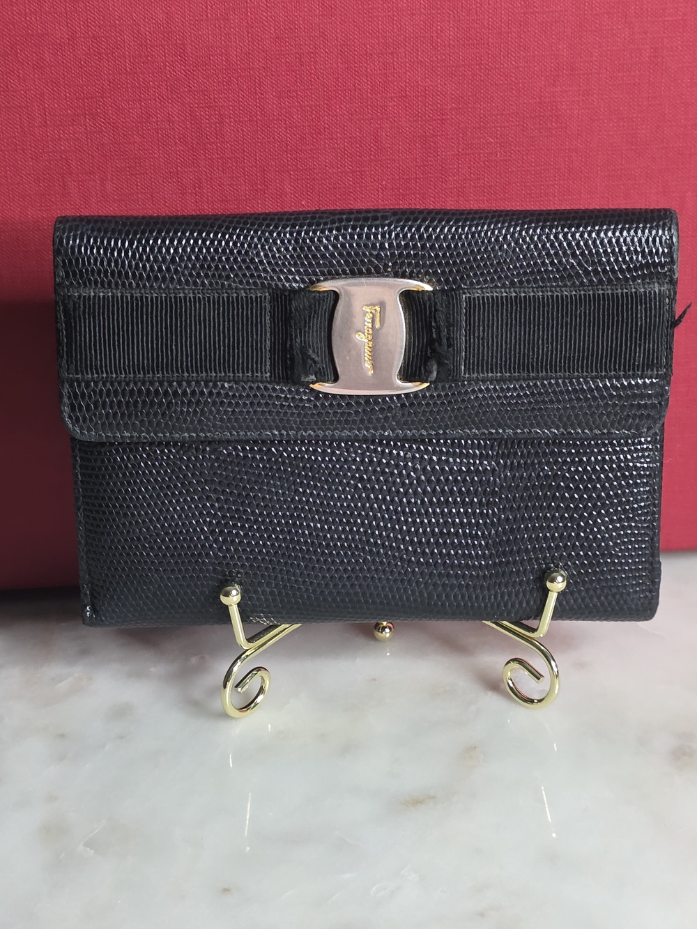 Salvatore Ferragamo Black Vara Bow Lizard-Texture Wallet
